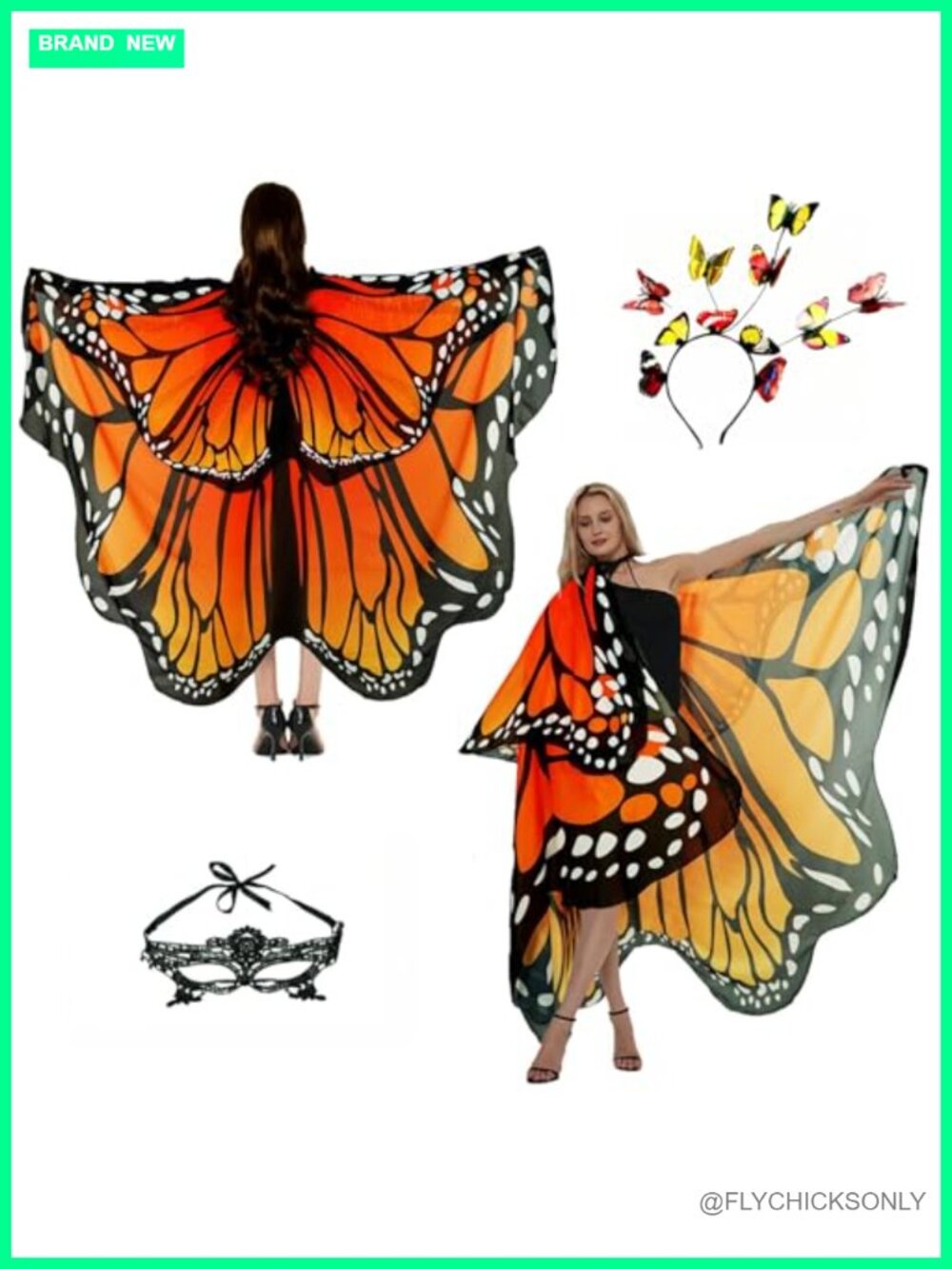 Butterfly Wings Costume for Women Halloween Moth Cape with Mask & Headband